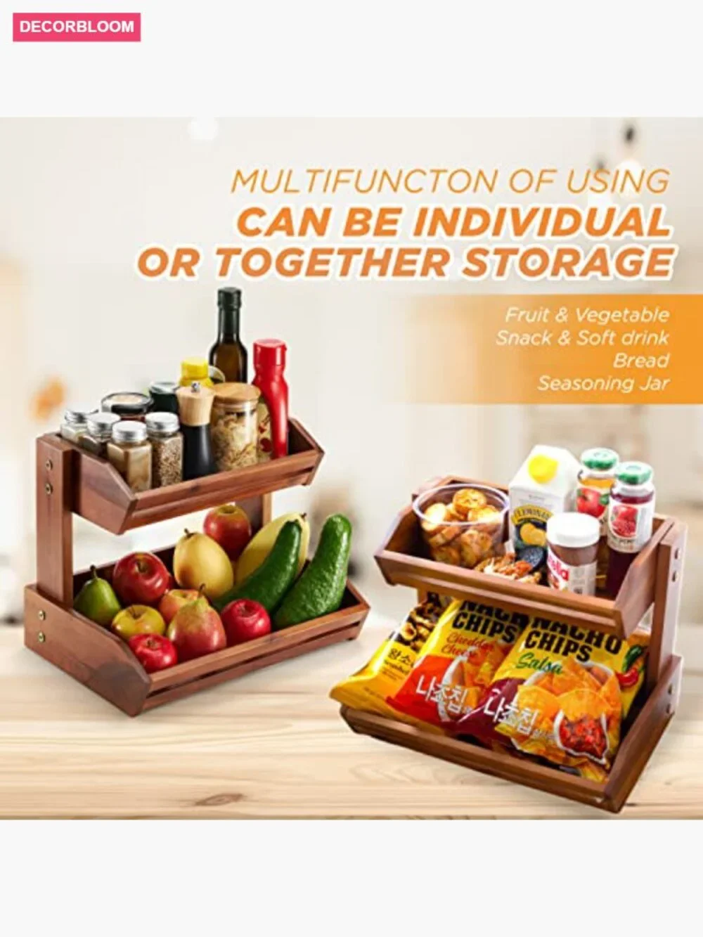 2-Tier Acacia Wood Fruit Basket for Kitchen Counter Storage